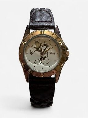 Vintage Disney Mickey Mouse Gold-Tone Watch with Black Leather Strap